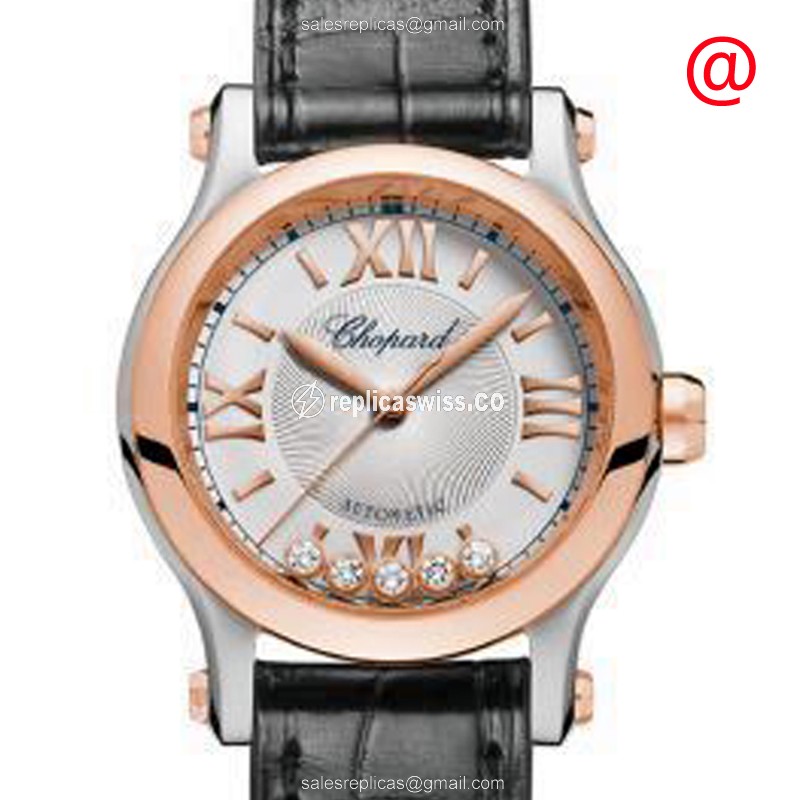 Chopard Happy Sport Replica - Automatic - 18kt Rose Gold & Steel - Silver Dial - Black Alligator Strap - Luxury Replica HAPPY SPORT Watch
